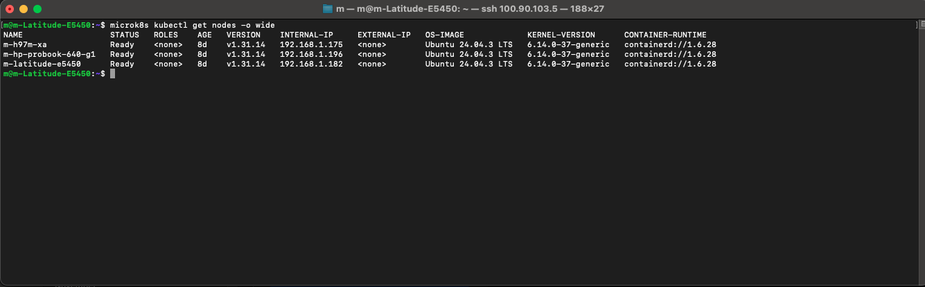 A terminal window on the Control Plane Mac running the command microk8s kubectl get nodes -o wide. The output lists three healthy worker nodes—m-h97m-xa, m-hp-probook-640-g1, and m-latitude-e5450—all running Ubuntu 24.04 LTS and ready for deployment.