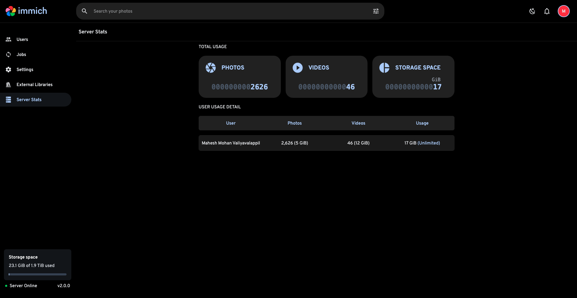 A high-resolution screenshot of the Immich Server Stats dashboard viewed on the Control Plane Mac. The dark-themed interface displays three prominent cards: PHOTOS showing 2626, VIDEOS showing 46, and STORAGE SPACE showing 17 GiB used. In the bottom left, a green status indicator confirms Server Online v2.0.0 and shows 23.1 GiB of 1.9 TiB total storage used.